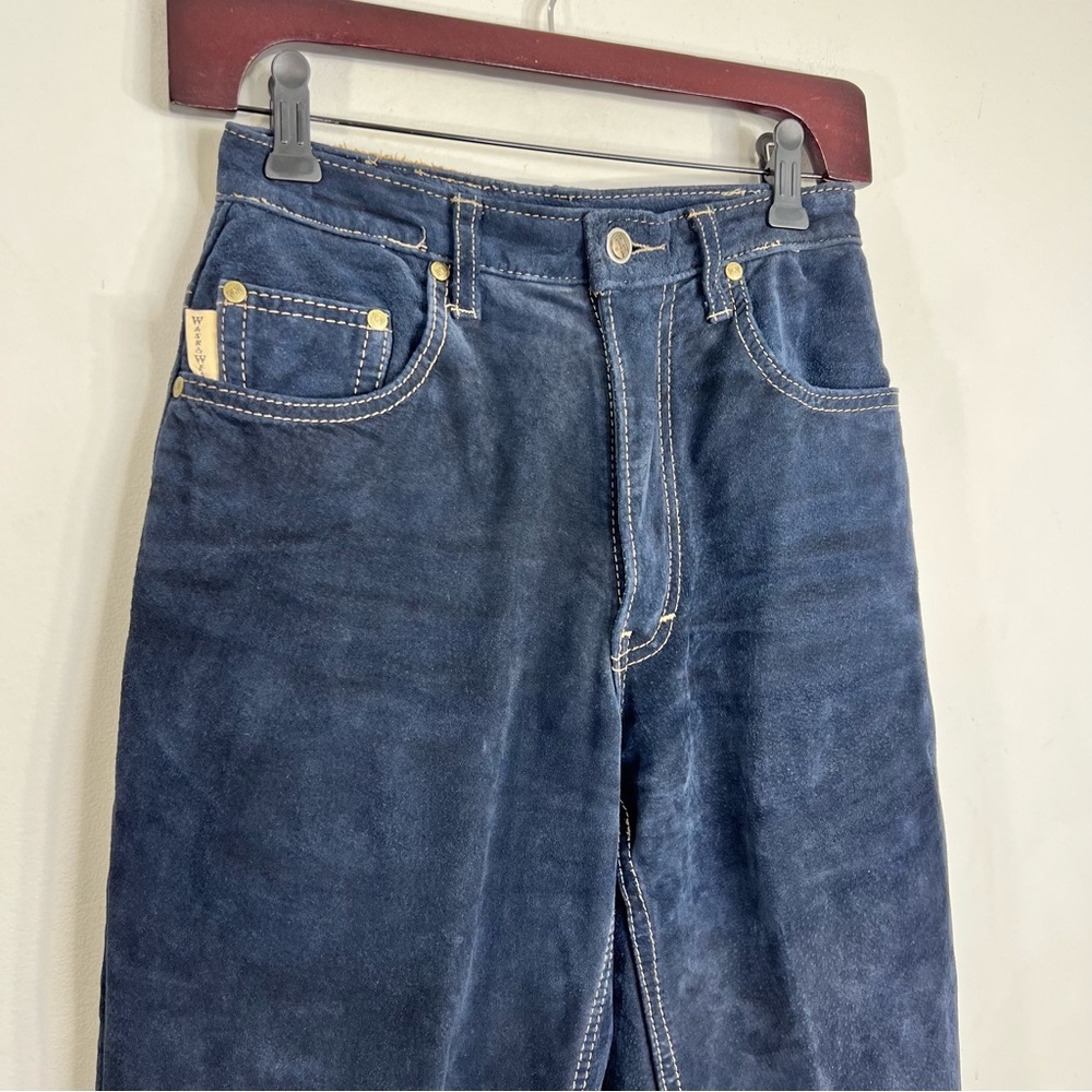 Vintage 80s 90s Wash & Wear genuine suede dark blue high rise slim fit pants 24 - Picture 6 of 15